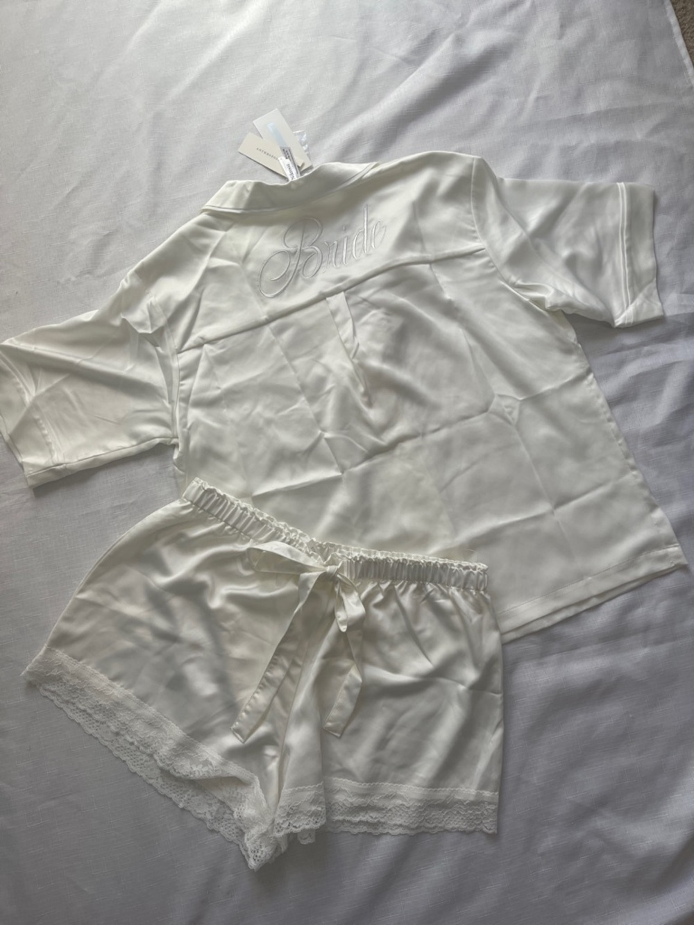 Anthropologie White Satin Bride Short Pajama Set